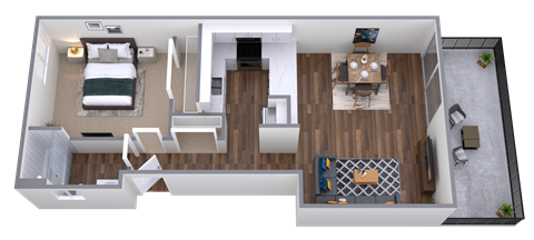 a 3d rendering of a bedroom with a living room and a dining room